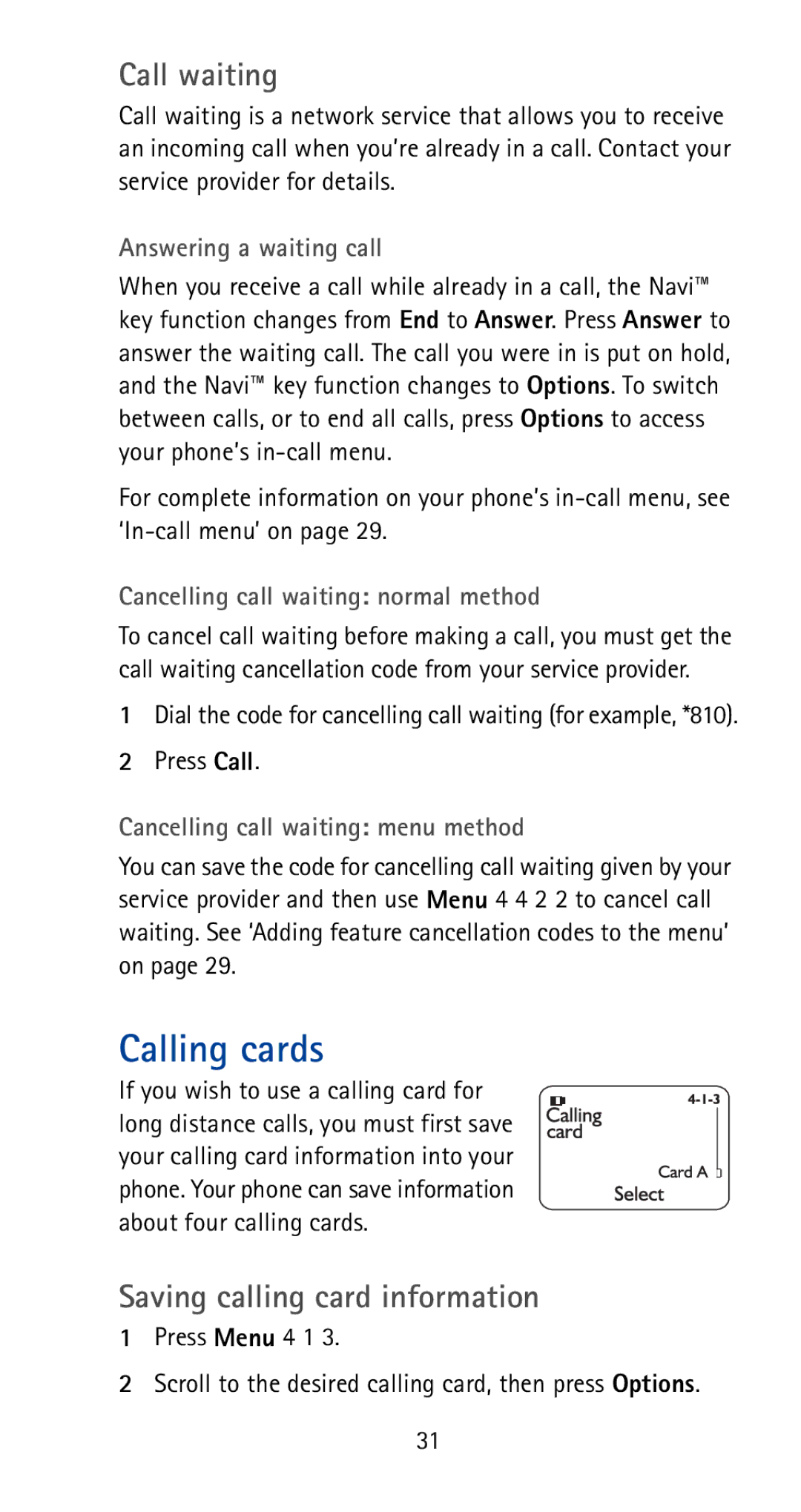 Nokia 5180i manual Calling cards, Call waiting, Saving calling card information 