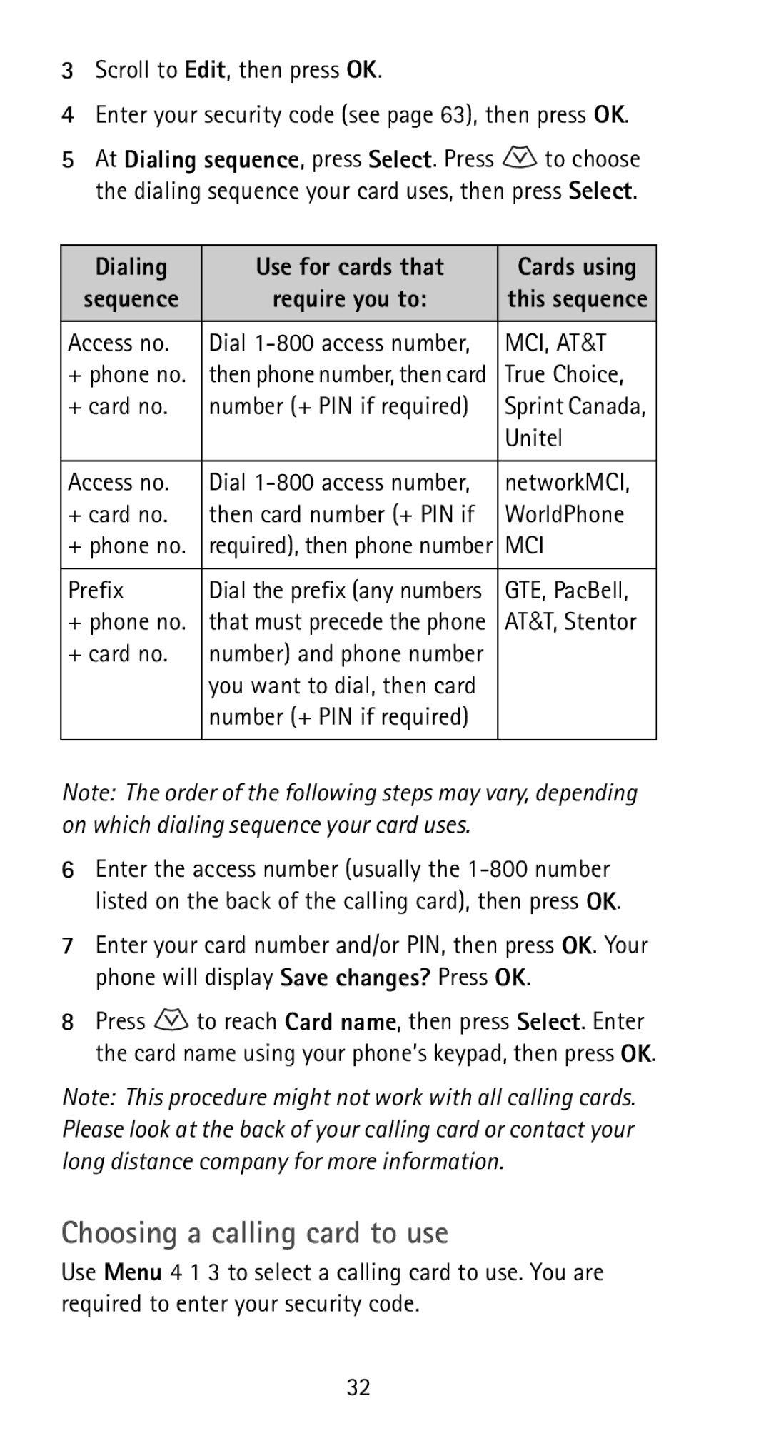 Nokia 5180i manual Choosing a calling card to use 