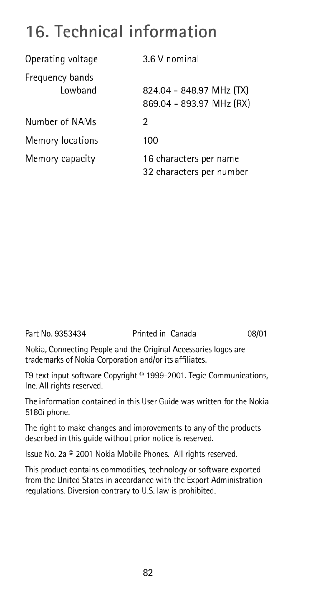 Nokia 5180i manual Technical information, Operating voltage Nominal Frequency bands Lowband 