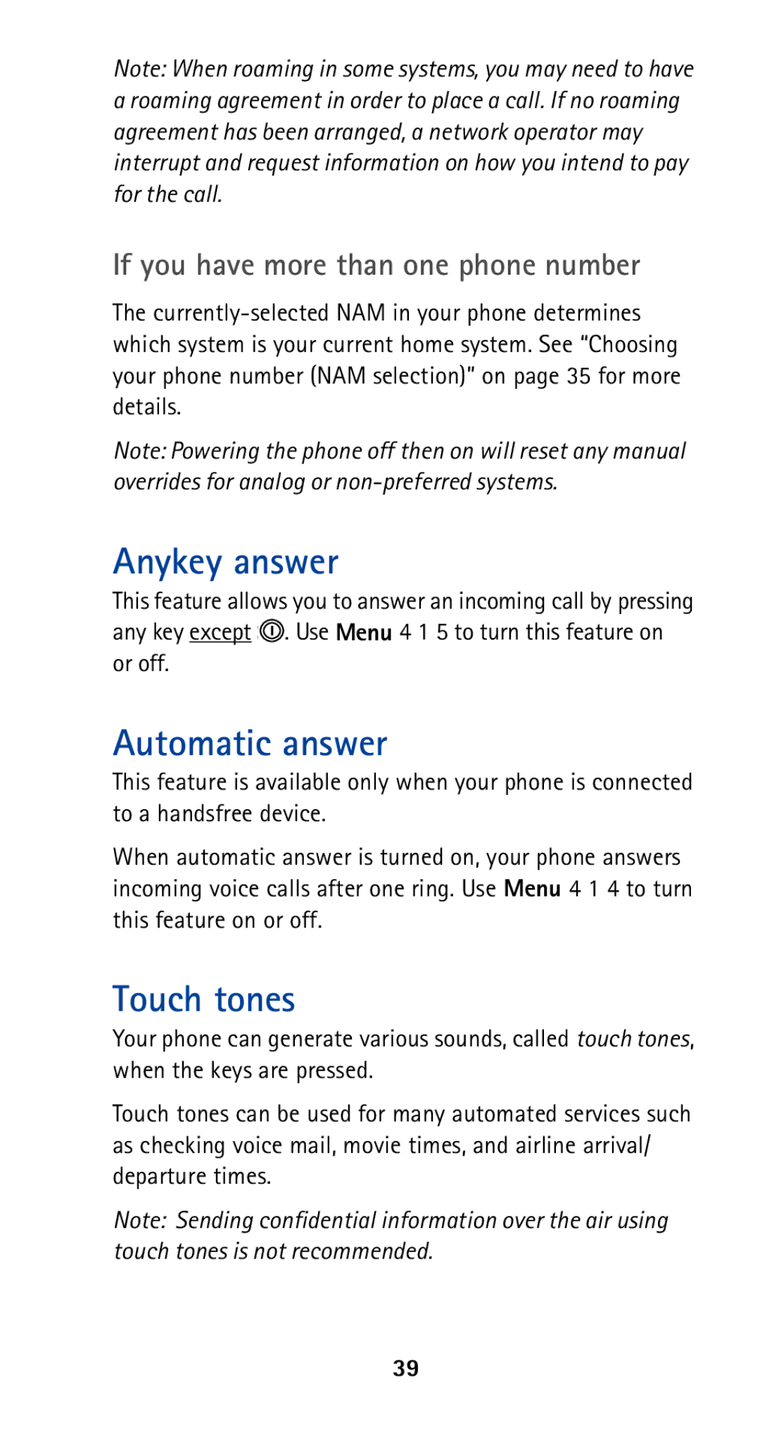 Nokia 5185i manual Anykey answer, Automatic answer, Touch tones, If you have more than one phone number 