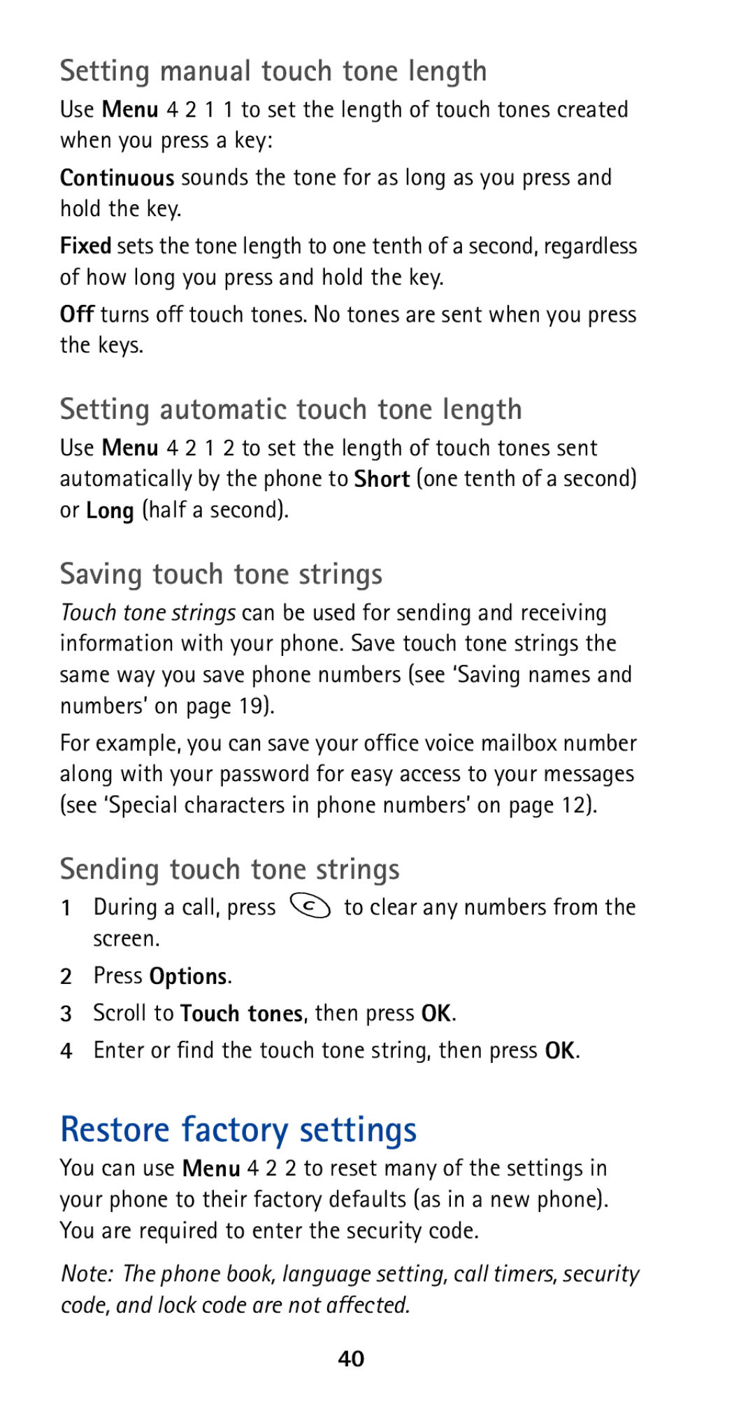 Nokia 5185i Restore factory settings, Setting manual touch tone length, Setting automatic touch tone length 