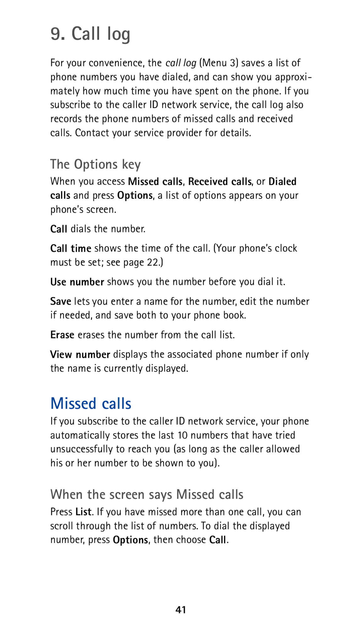 Nokia 5185i manual Call log, Options key, When the screen says Missed calls 