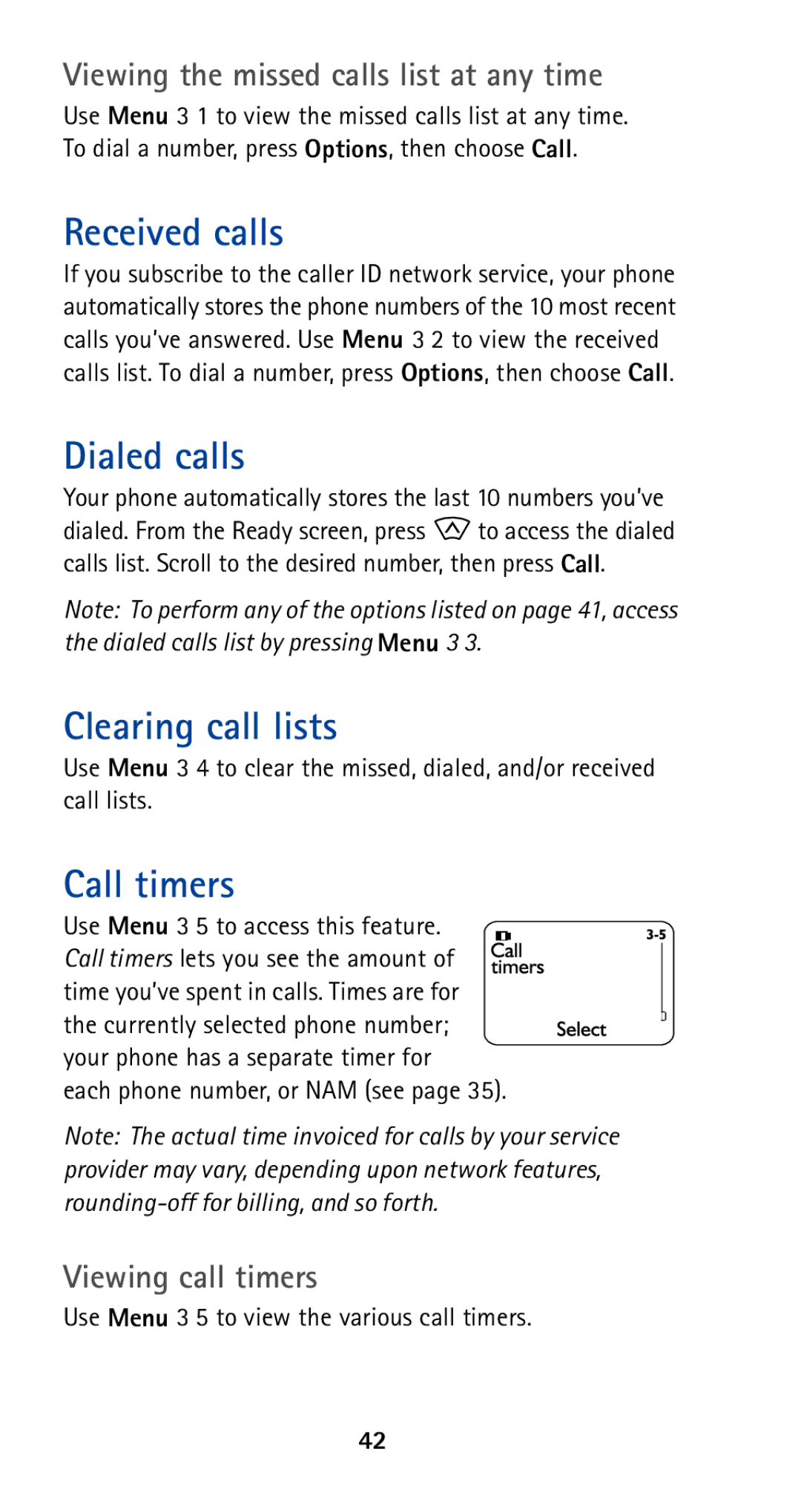 Nokia 5185i manual Received calls, Dialed calls, Clearing call lists, Call timers 