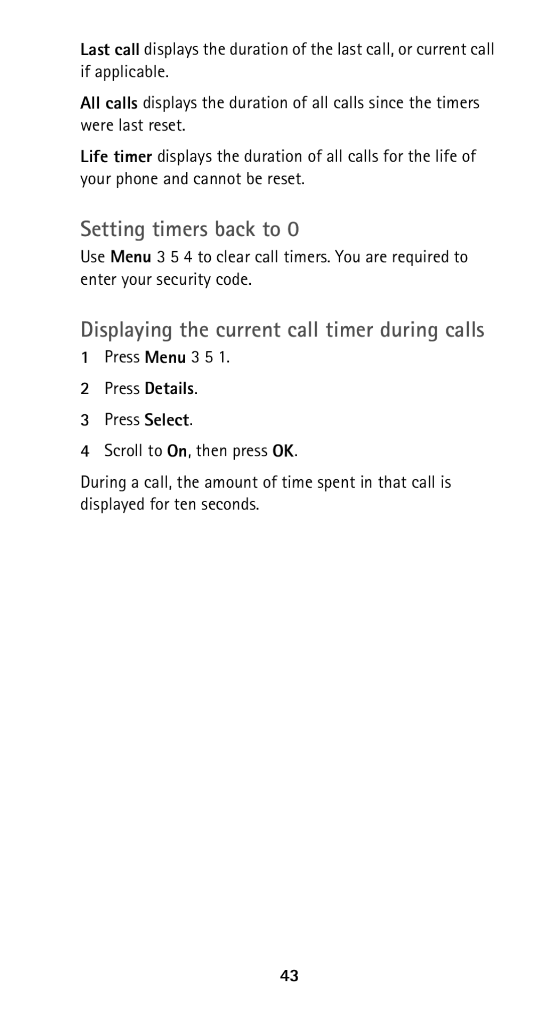 Nokia 5185i manual Setting timers back to, Displaying the current call timer during calls 