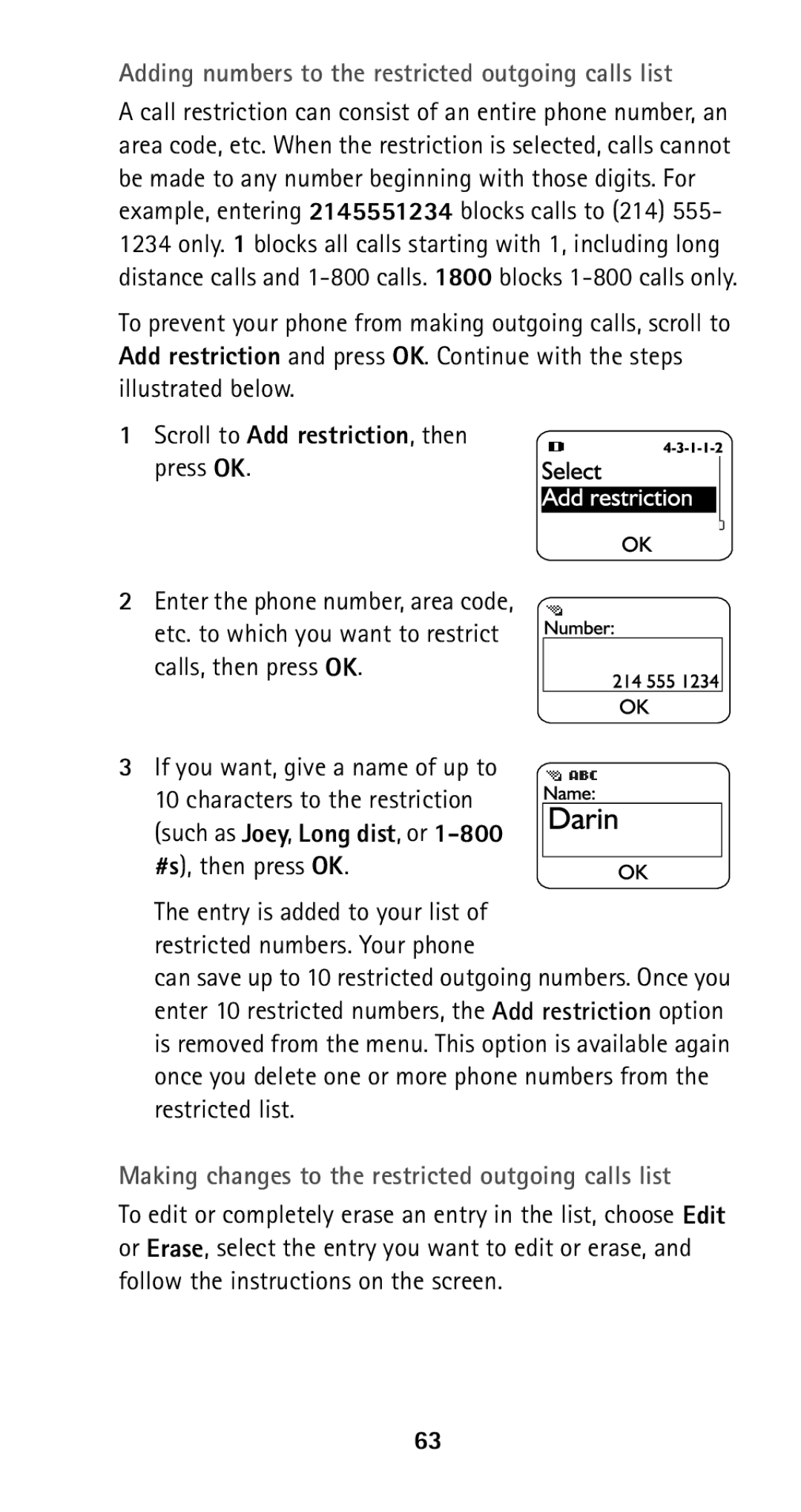 Nokia 5185i manual Adding numbers to the restricted outgoing calls list 