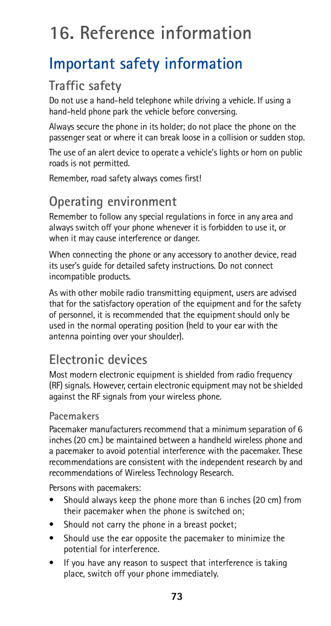 Nokia 5185i Reference information, Important safety information, Traffic safety, Operating environment, Electronic devices 