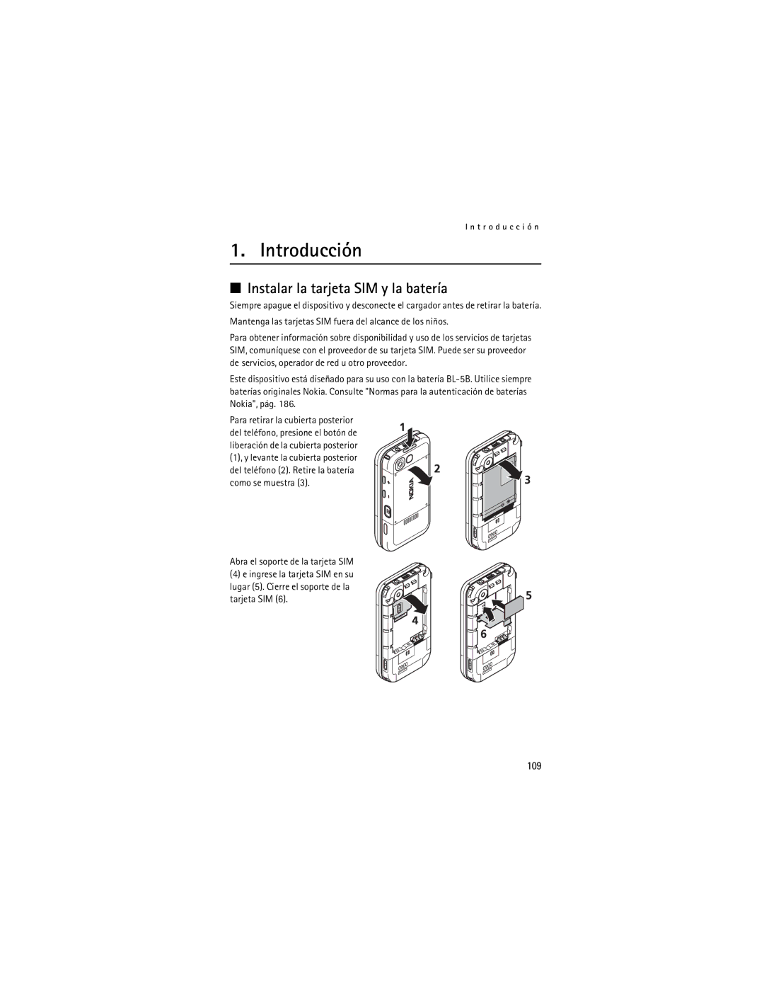 Nokia 5200 manual Introducción, Instalar la tarjeta SIM y la batería, 109 