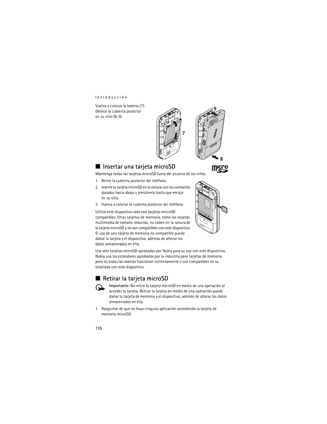 Nokia 5200 manual Insertar una tarjeta microSD, Retirar la tarjeta microSD, 110 