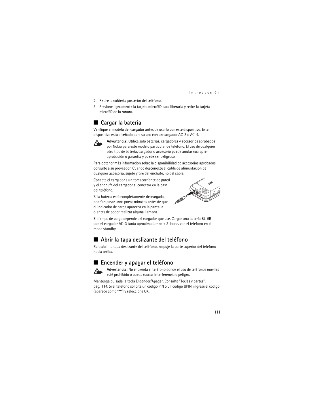 Nokia 5200 manual Cargar la batería, Abrir la tapa deslizante del teléfono, Encender y apagar el teléfono, 111 