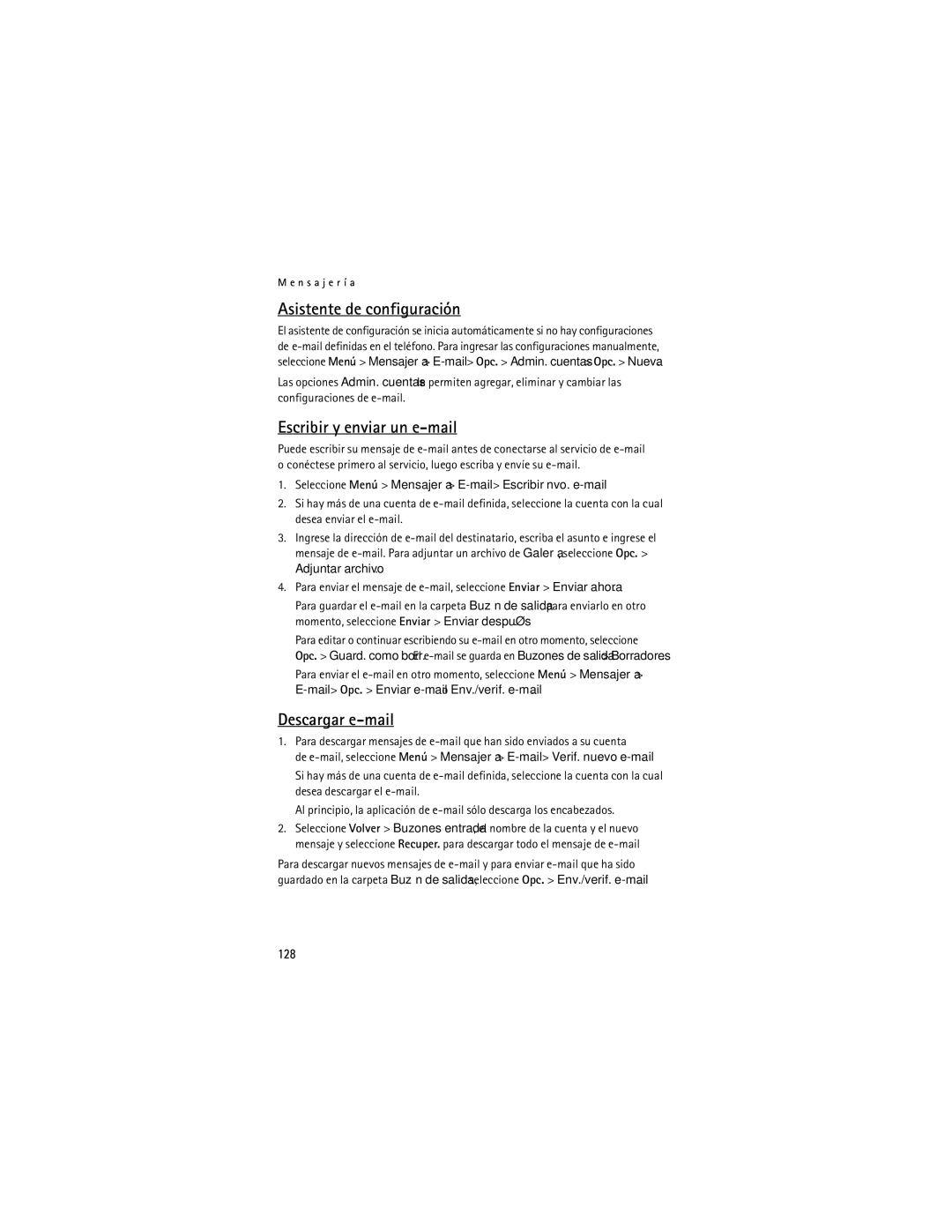 Nokia 5200 manual Asistente de configuración, Escribir y enviar un e-mail, Descargar e-mail, 128 