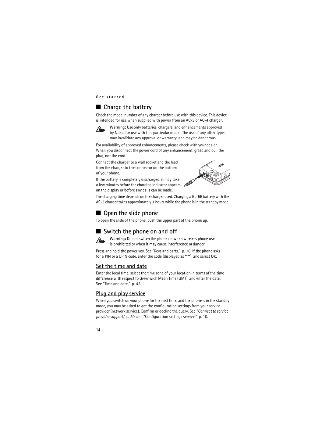 Nokia 5200 manual Charge the battery, Open the slide phone, Switch the phone on and off, Set the time and date 