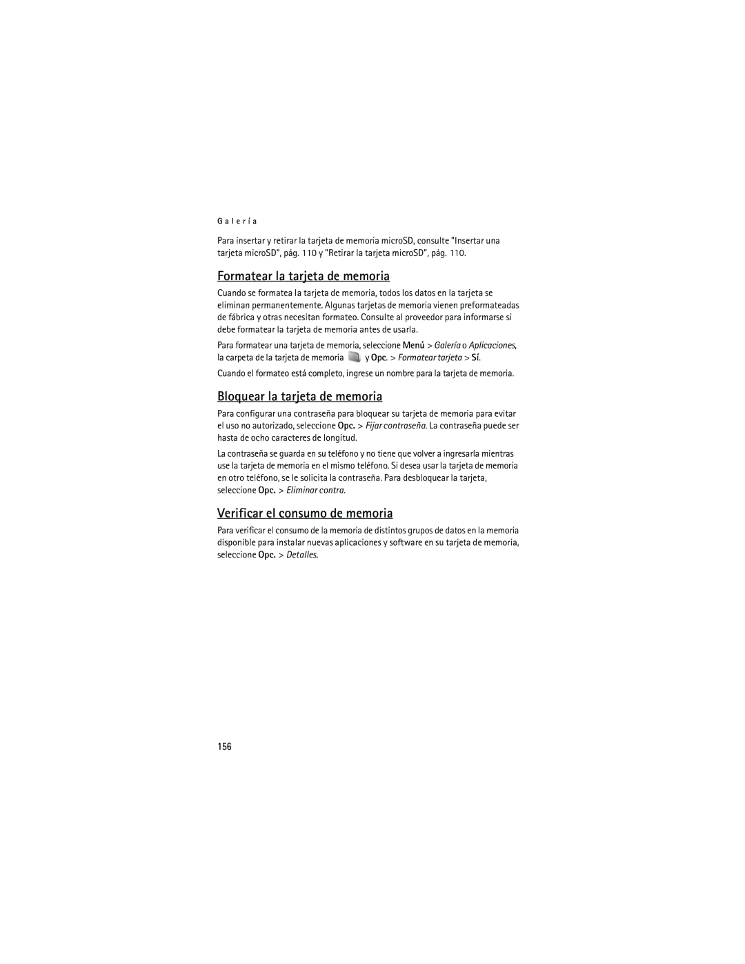 Nokia 5200 manual Formatear la tarjeta de memoria, Bloquear la tarjeta de memoria, Verificar el consumo de memoria, 156 