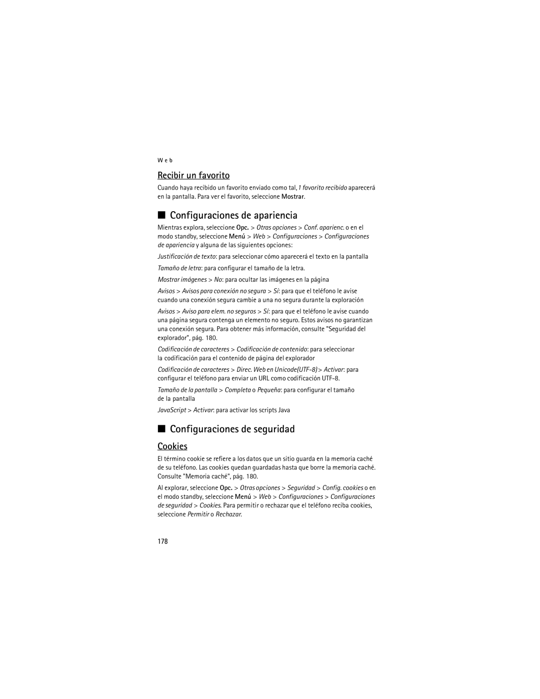 Nokia 5200 manual Configuraciones de apariencia, Configuraciones de seguridad, Recibir un favorito, 178 