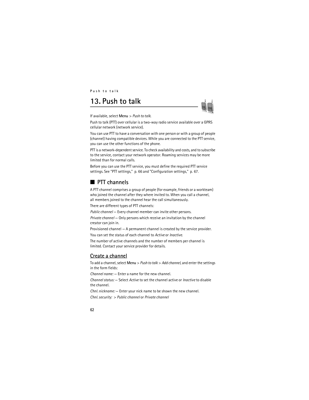 Nokia 5200 manual Push to talk, PTT channels, Create a channel, Chnl. security Public channel or Private channel 