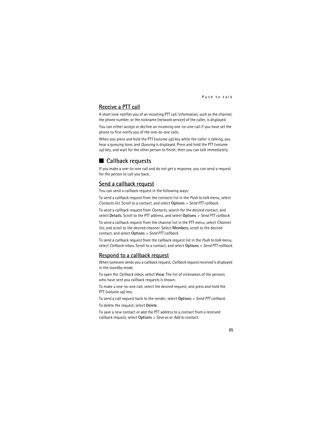 Nokia 5200 manual Callback requests, Receive a PTT call, Send a callback request, Respond to a callback request 