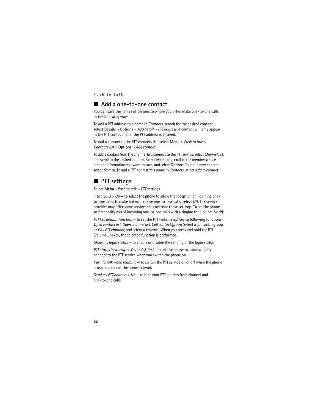 Nokia 5200 manual Add a one-to-one contact, Select Menu Push to talk PTT settings 