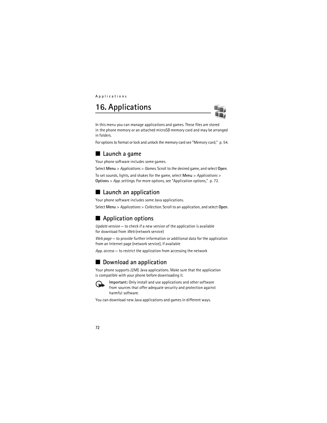 Nokia 5200 manual Applications, Launch a game, Launch an application, Application options, Download an application 