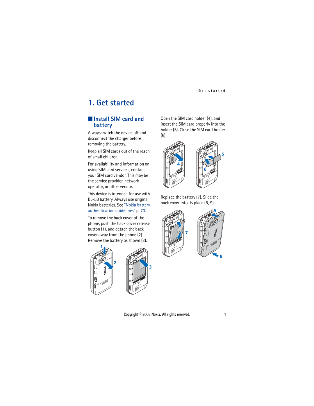 Nokia 5300 manual Get started, Install SIM card and battery 