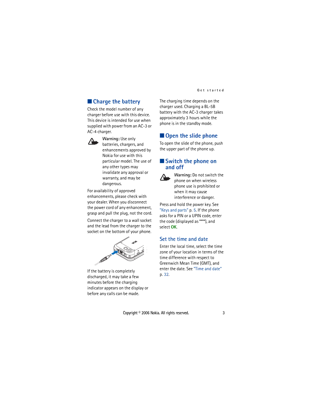 Nokia 5300 manual Charge the battery, Open the slide phone, Switch the phone on and off, Set the time and date 