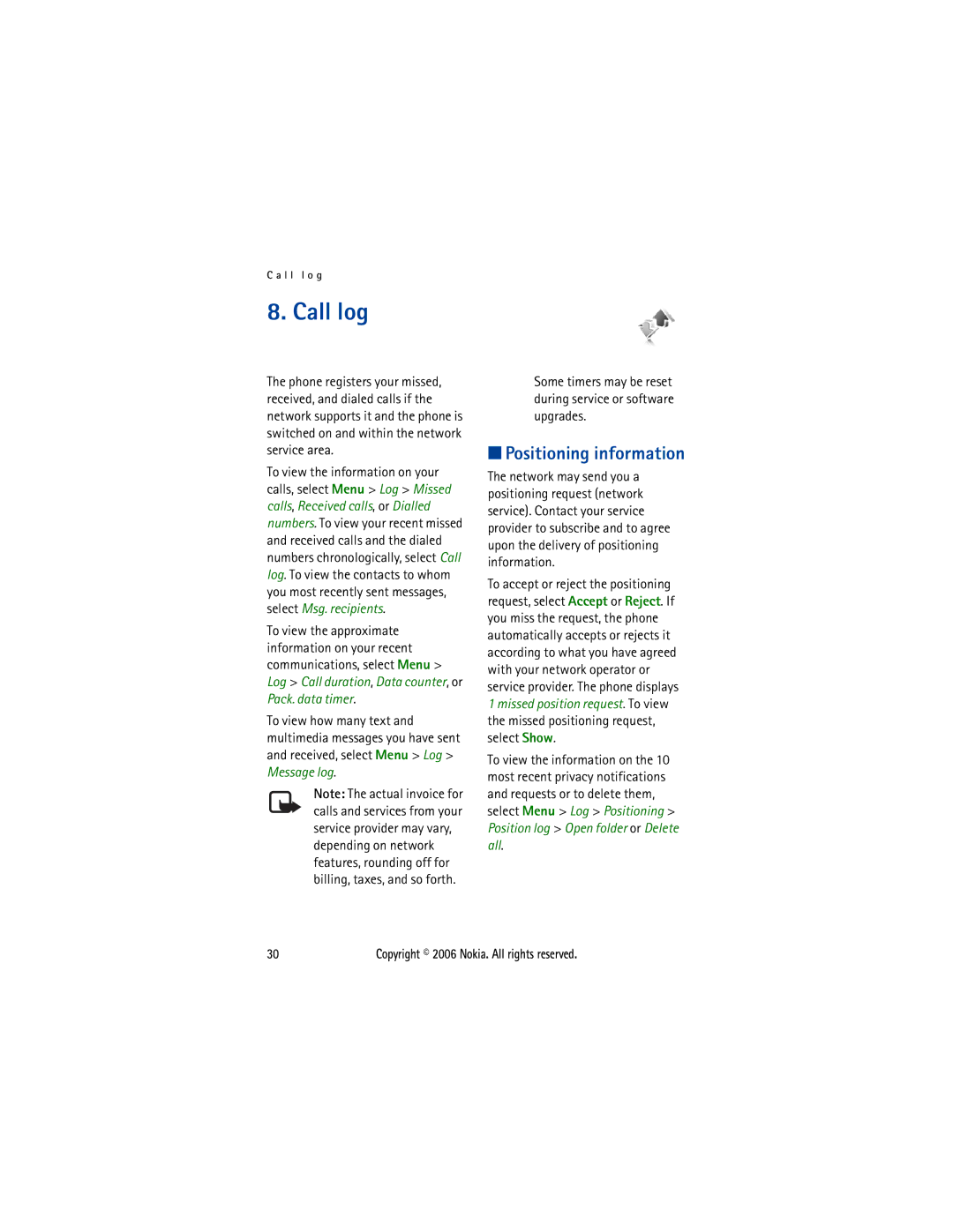 Nokia 5300 manual Call log, Positioning information 