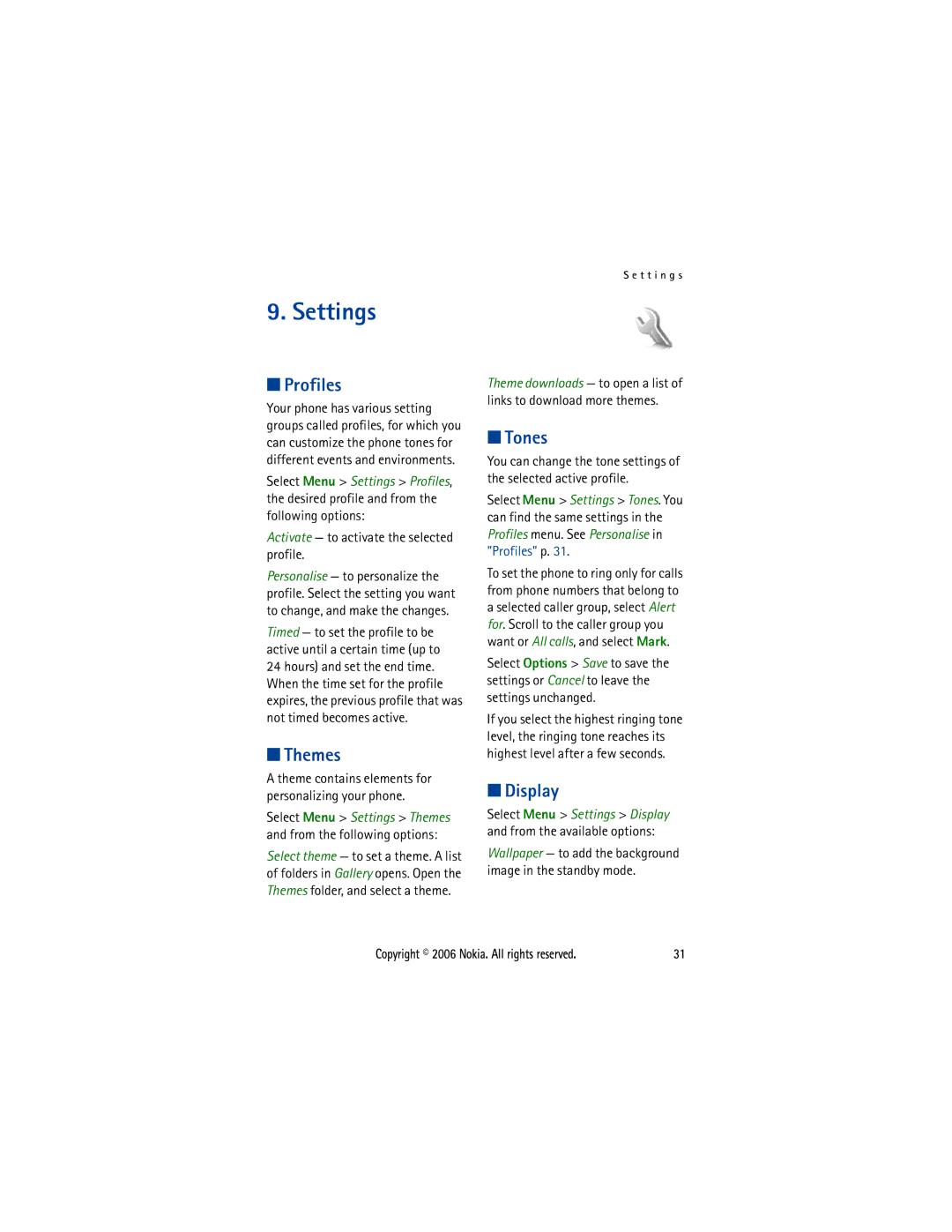 Nokia 5300 manual Settings, Profiles, Themes, Tones, Display 