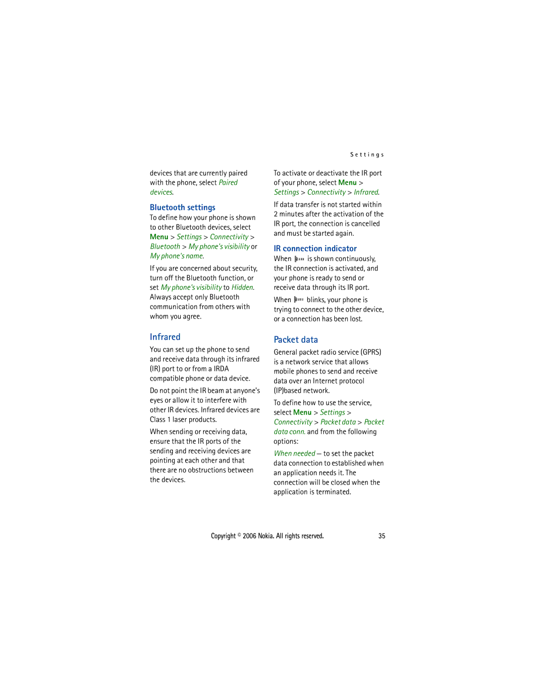 Nokia 5300 manual Infrared, Packet data, Bluetooth settings, IR connection indicator 
