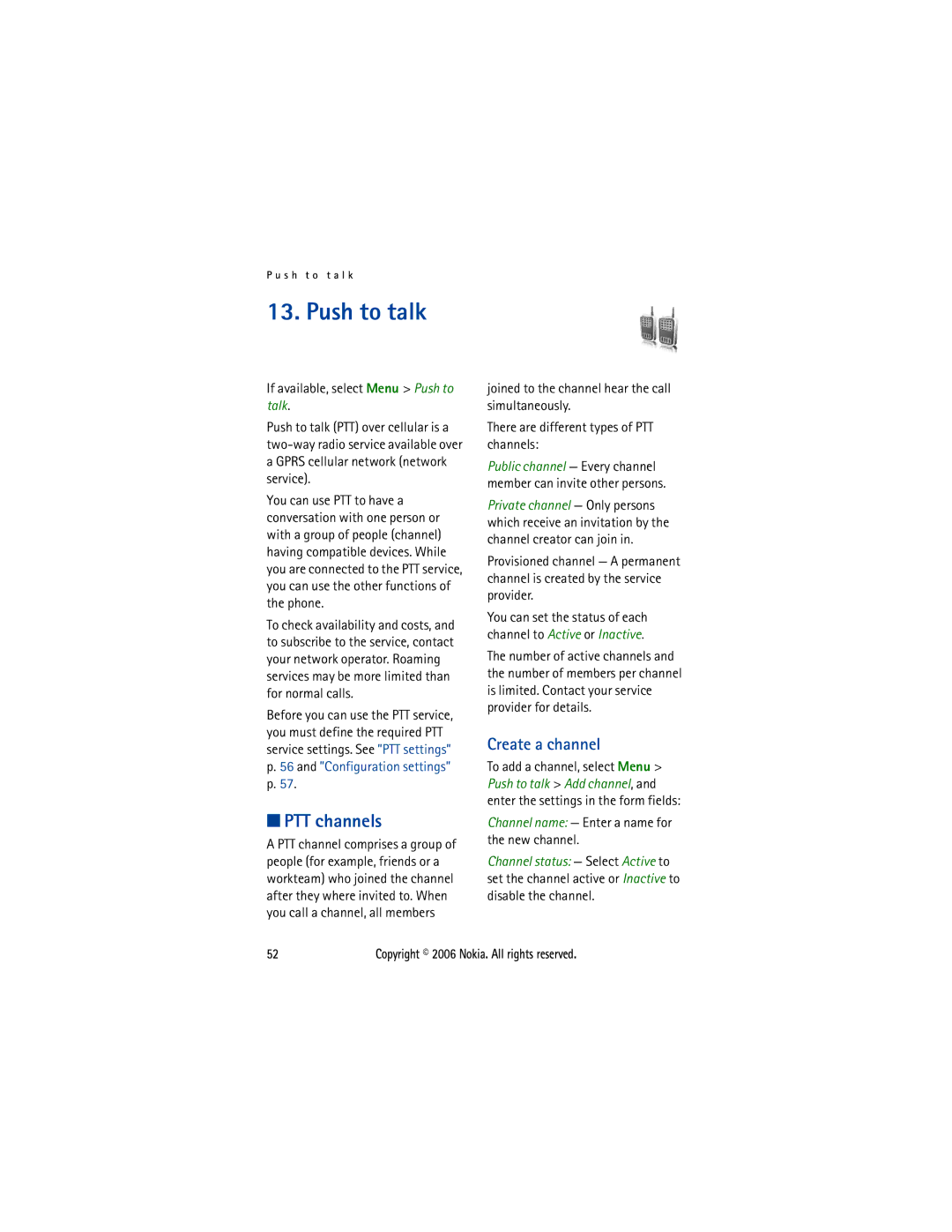 Nokia 5300 manual Push to talk, PTT channels, Create a channel 