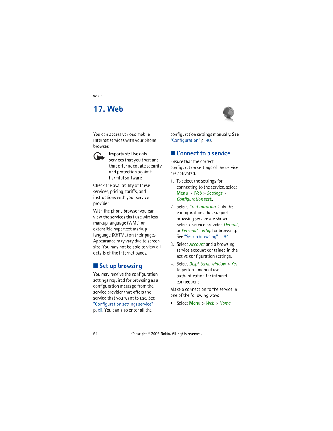 Nokia 5300 manual Set up browsing, Connect to a service, Xii. You can also enter all, Select Menu Web Home 