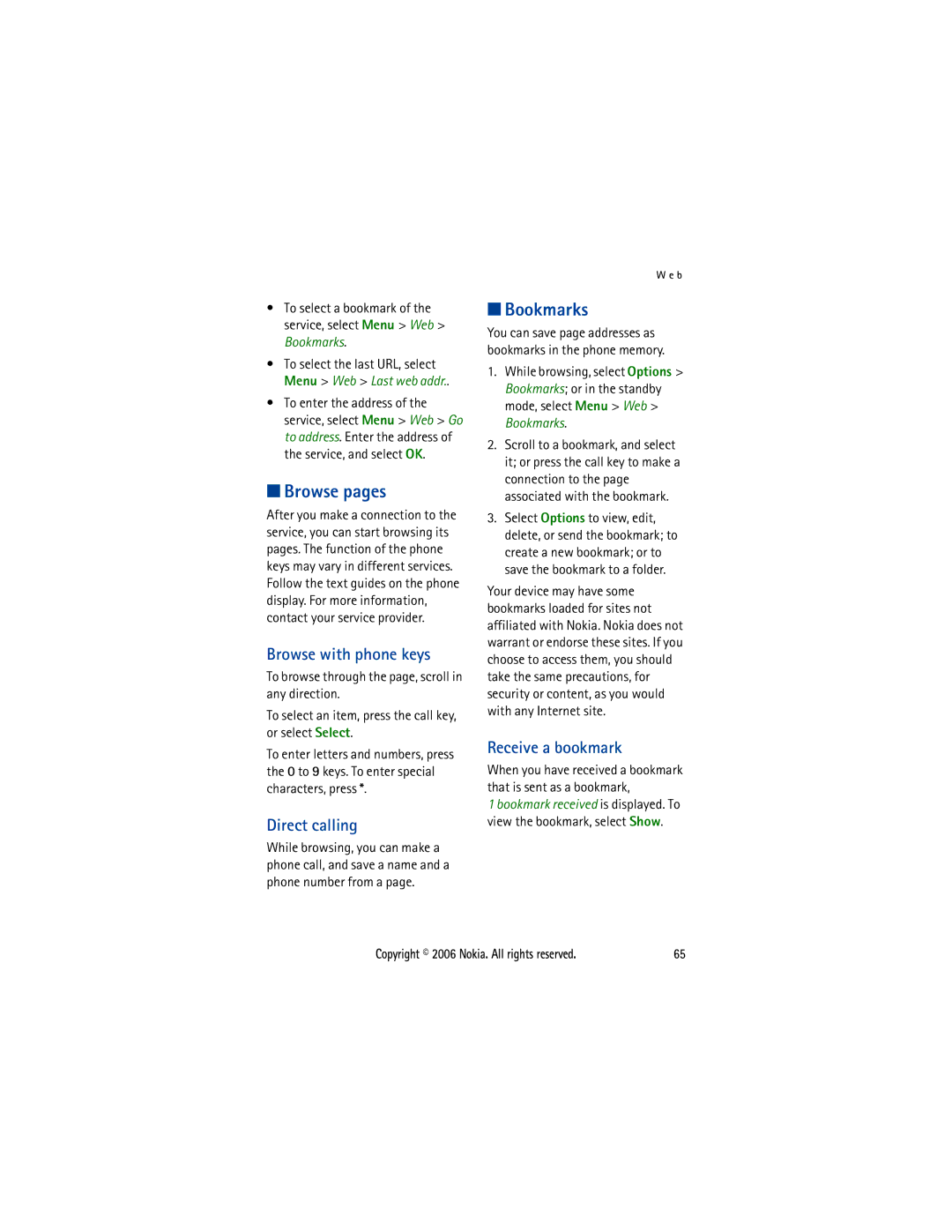 Nokia 5300 manual Browse pages, Bookmarks, Browse with phone keys, Direct calling, Receive a bookmark 
