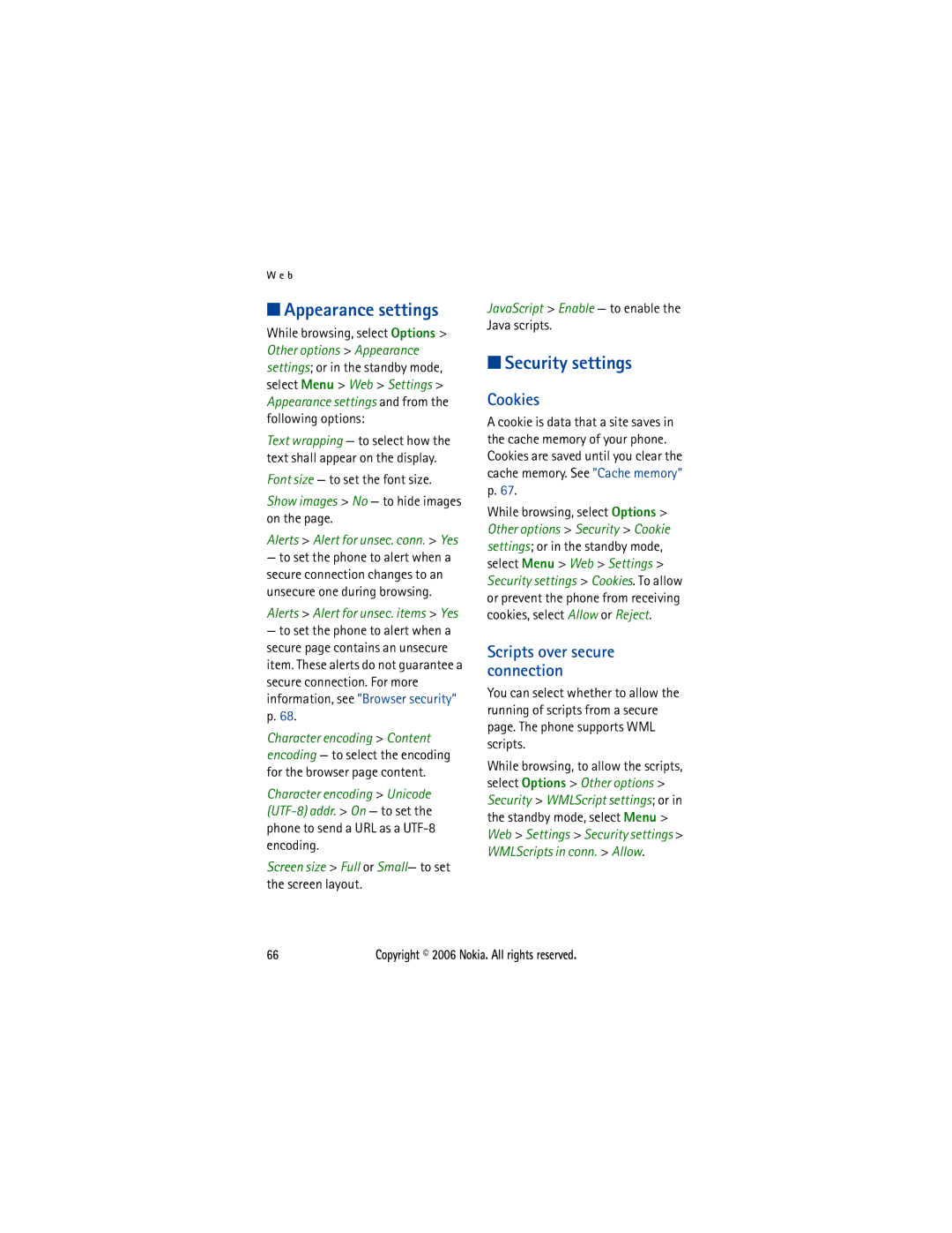 Nokia 5300 manual Appearance settings, Security settings, Cookies, Font size to set the font size 