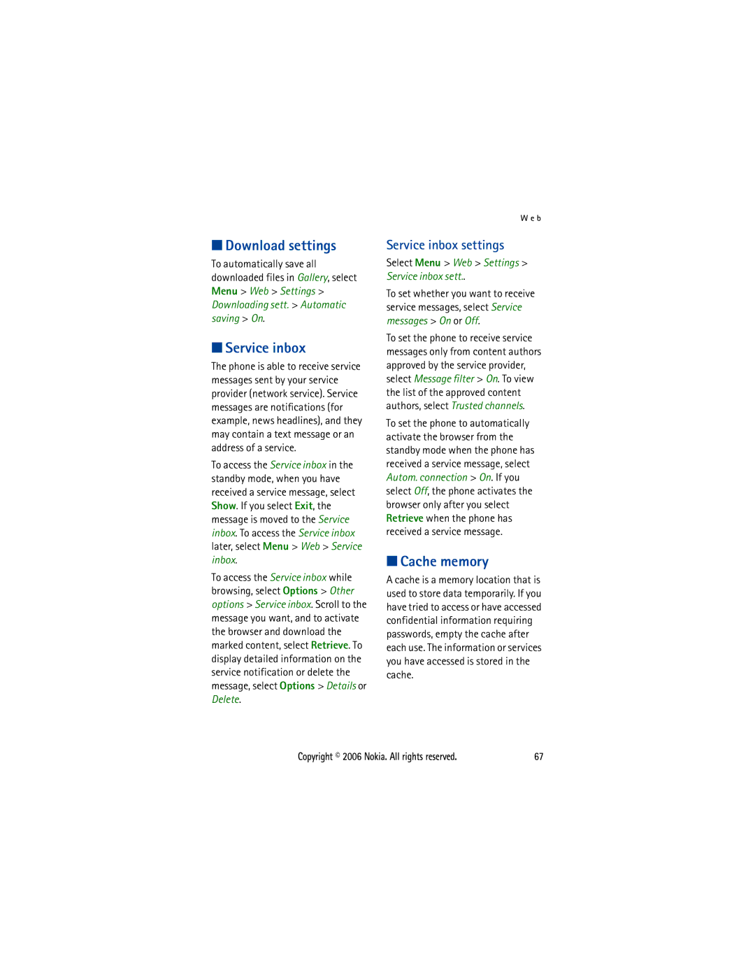 Nokia 5300 manual Download settings, Cache memory, Service inbox settings 