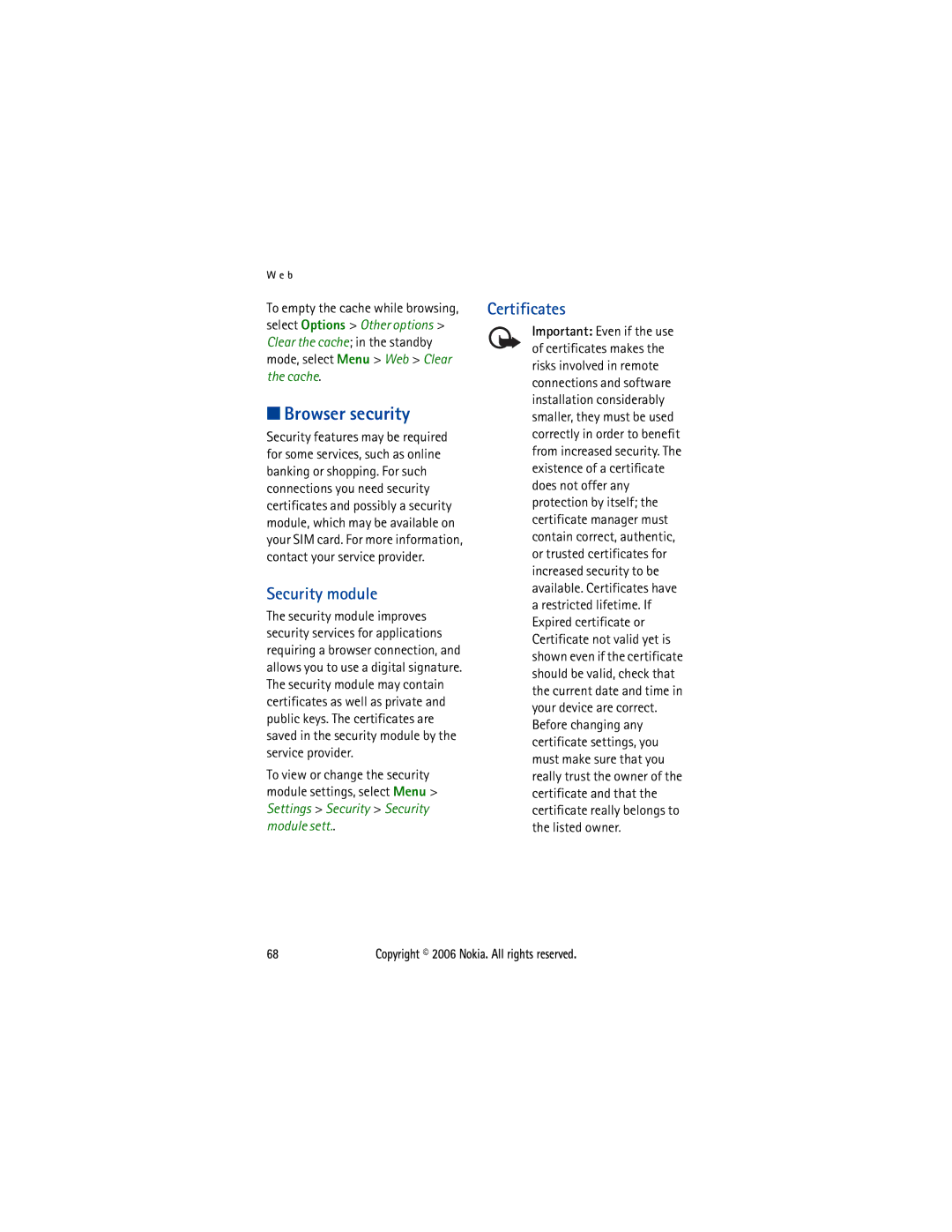 Nokia 5300 manual Browser security, Security module, Certificates 