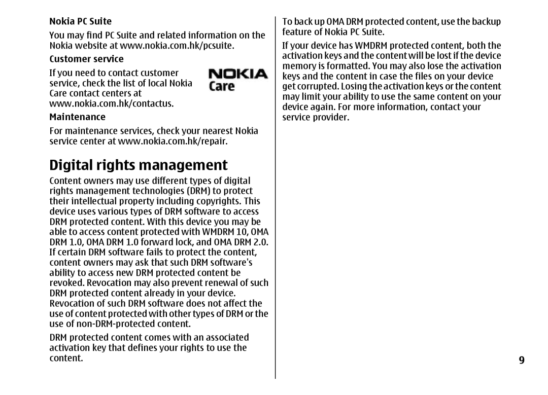 Nokia 5310 manual Digital rights management, Nokia PC Suite Customer service Maintenance 