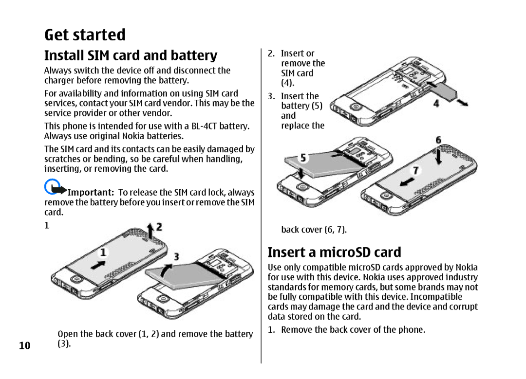 Nokia 5310 manual Get started, Install SIM card and battery, Insert a microSD card 