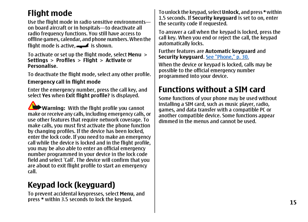 Nokia 5310 manual Flight mode, Keypad lock keyguard, Functions without a SIM card, Emergency call in flight mode 