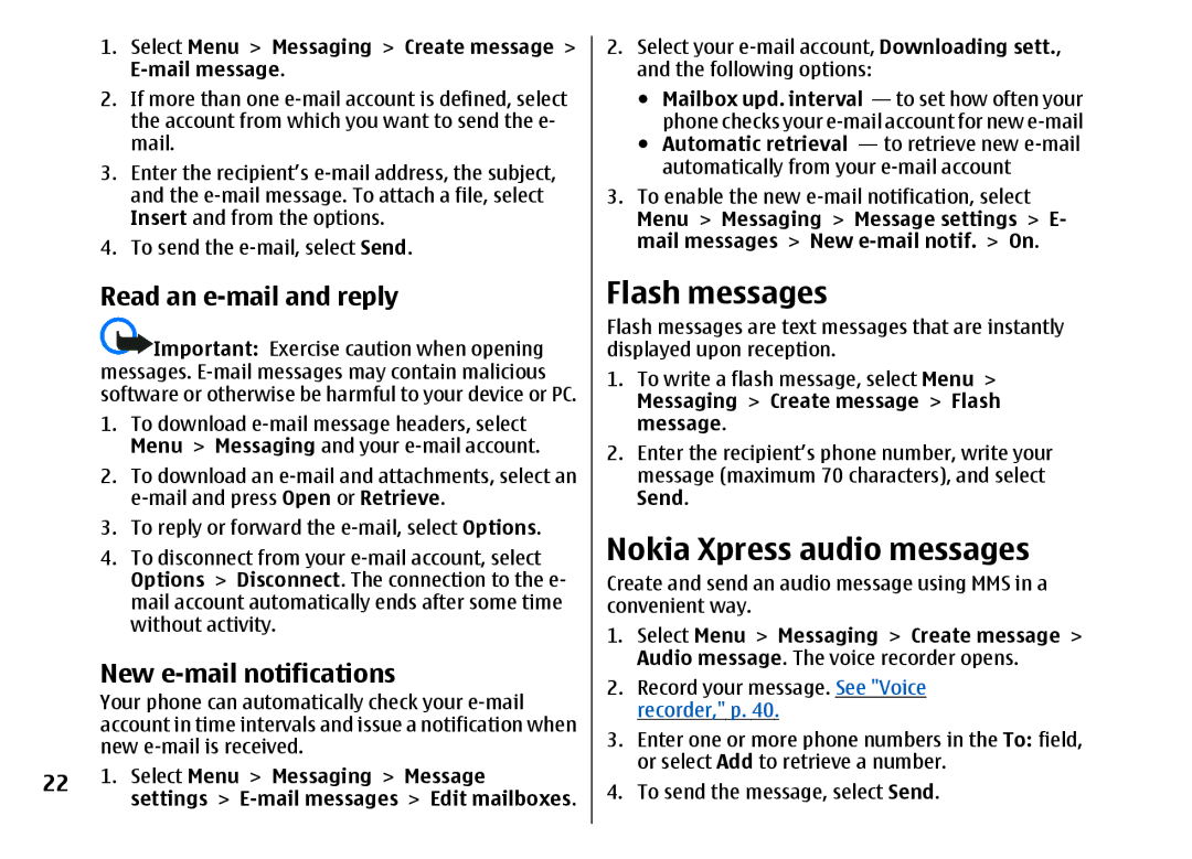 Nokia 5310 manual Flash messages, Nokia Xpress audio messages, Read an e-mail and reply, New e-mail notifications 