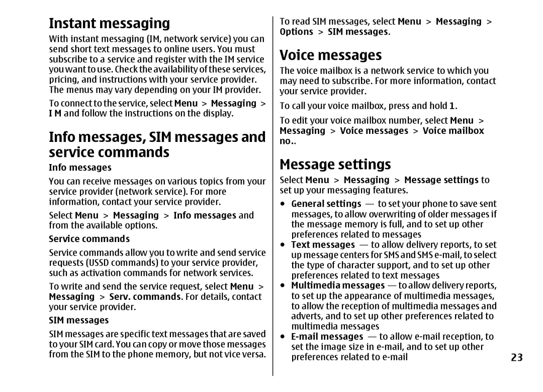 Nokia 5310 manual Instant messaging, Info messages, SIM messages and service commands, Voice messages, Message settings 