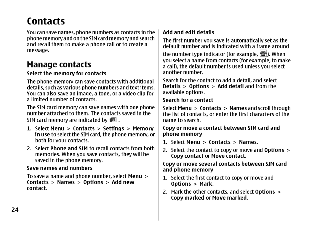 Nokia 5310 manual Contacts, Manage contacts 