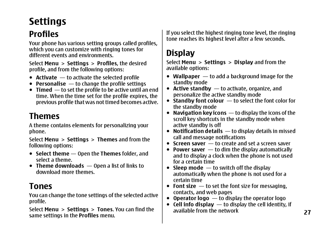 Nokia 5310 manual Settings, Profiles, Themes, Tones, Display 