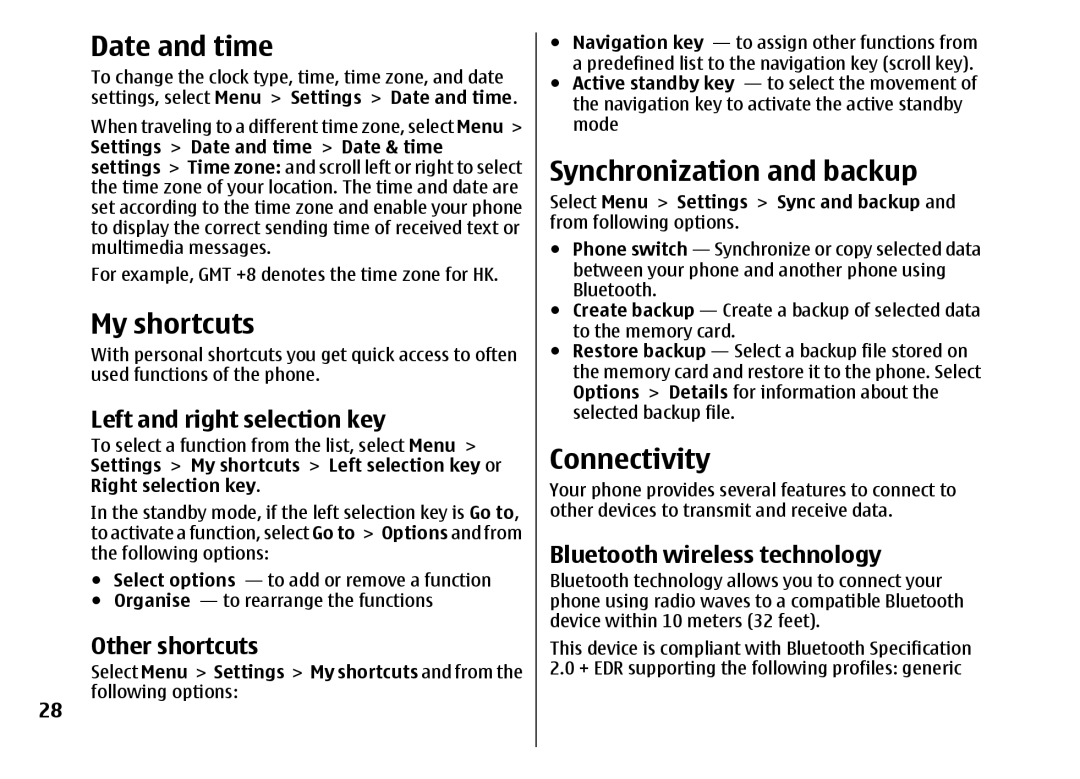 Nokia 5310 manual Date and time, My shortcuts, Synchronization and backup, Connectivity 