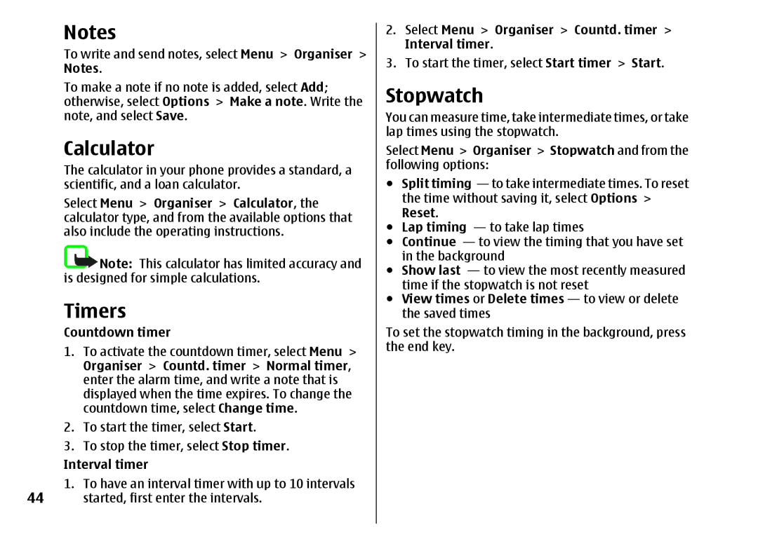 Nokia 5310 manual Calculator, Timers, Stopwatch 