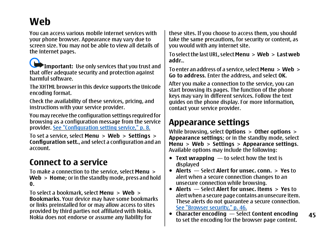 Nokia 5310 manual Connect to a service, Menu Web Settings Appearance settings 