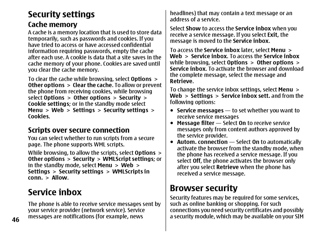 Nokia 5310 manual Security settings, Service inbox, Browser security, Cache memory, Scripts over secure connection 