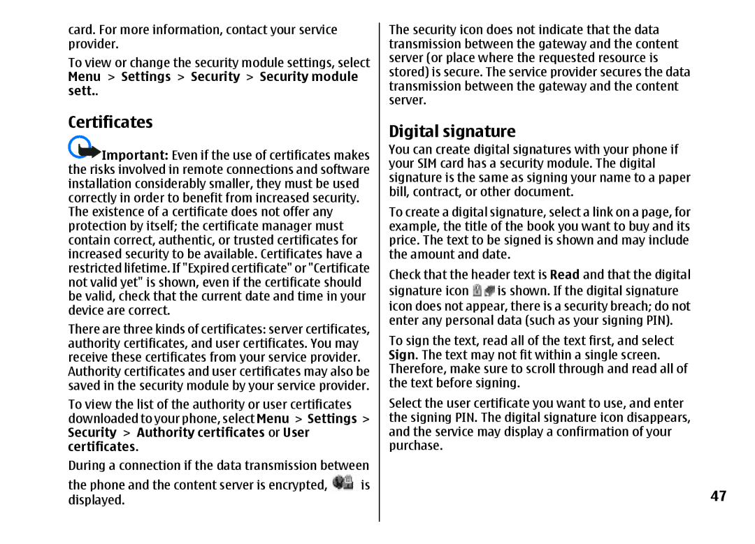 Nokia 5310 manual Certificates, Digital signature 