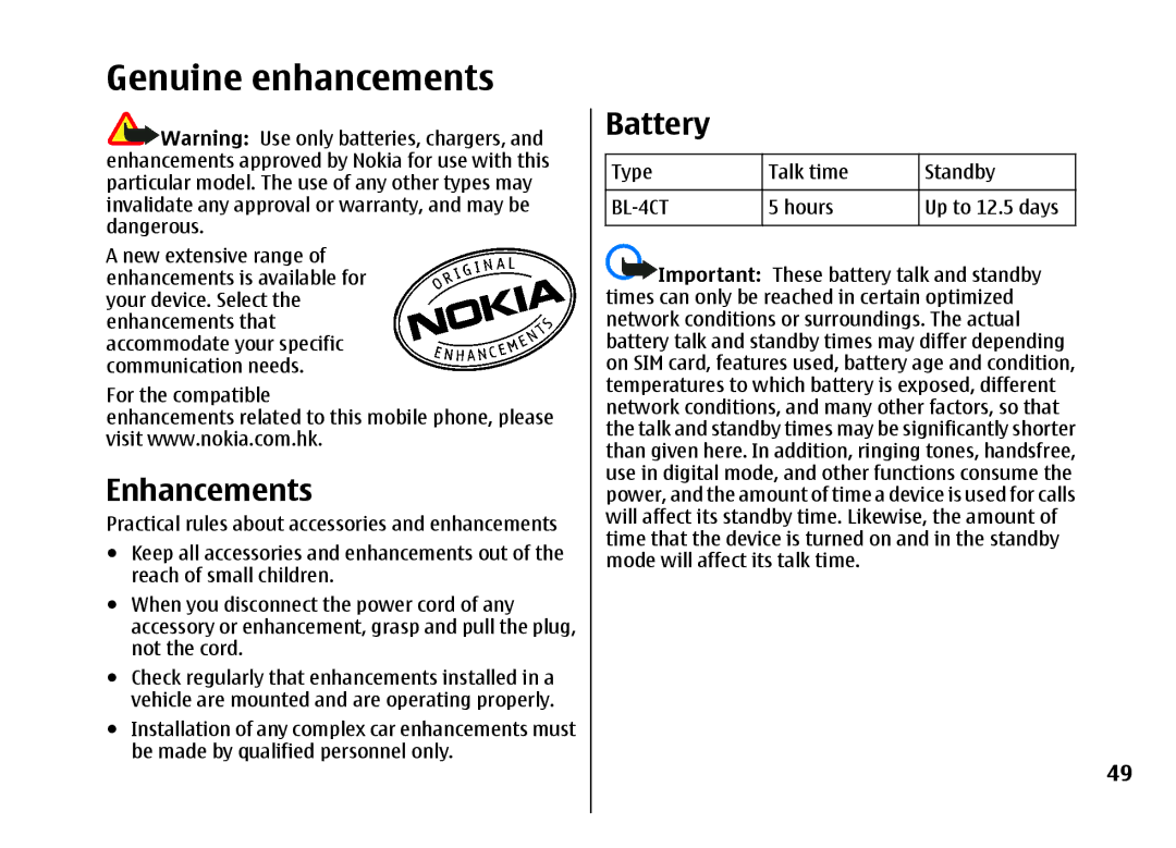 Nokia 5310 manual Genuine enhancements, Battery, Type Talk time Standby, Hours Up to 12.5 days 