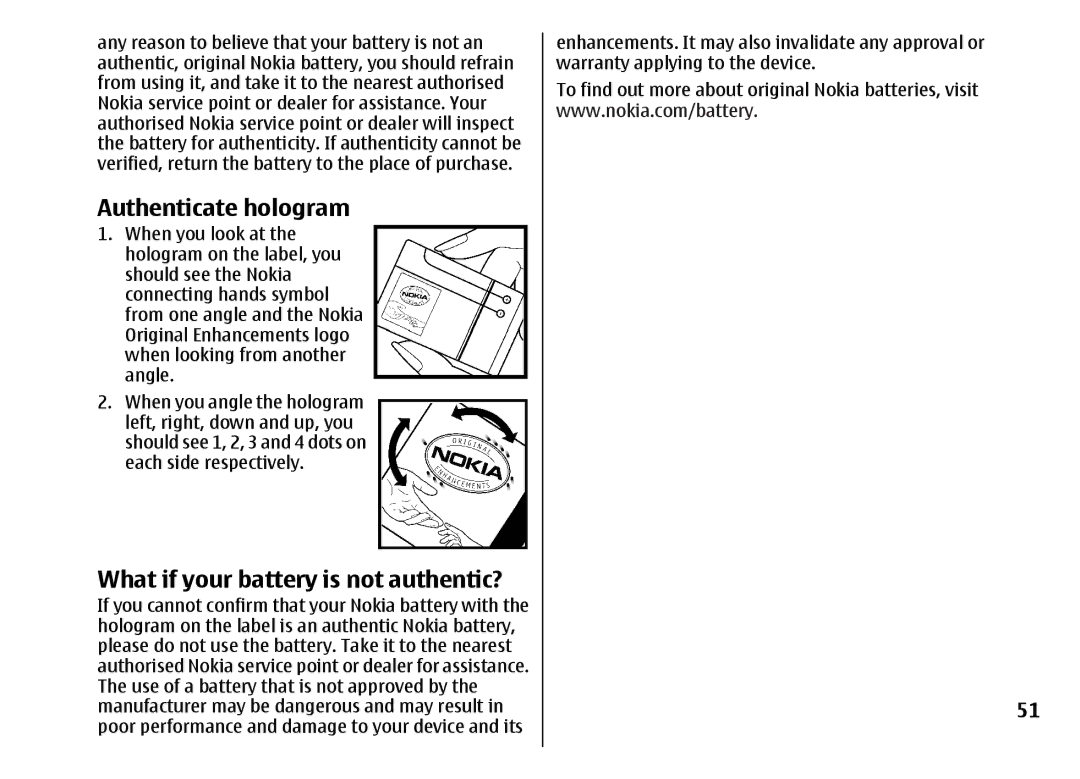 Nokia 5310 manual Authenticate hologram, What if your battery is not authentic? 