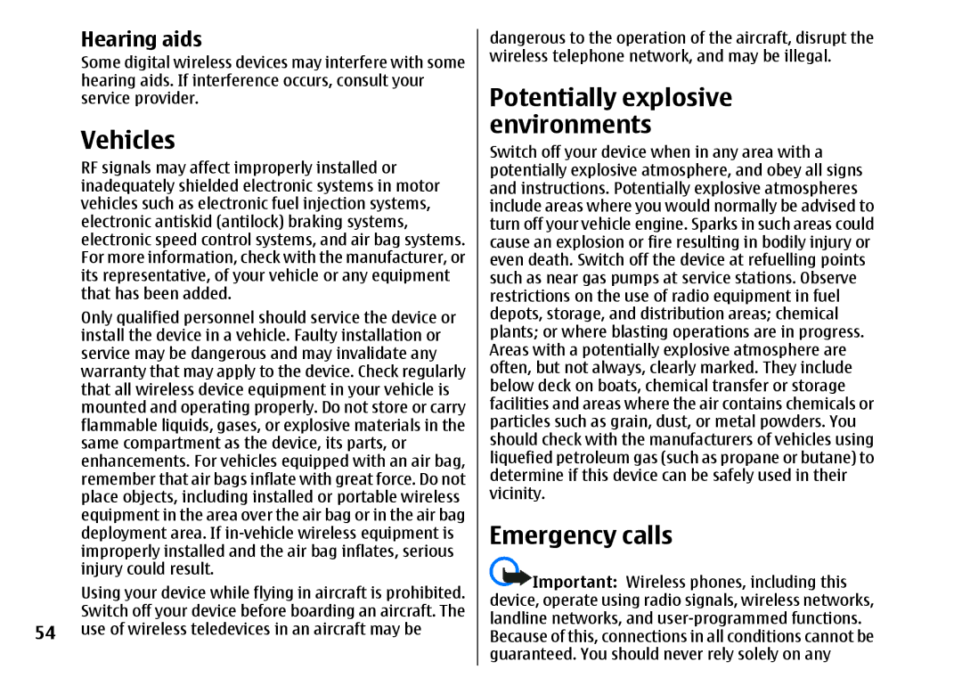 Nokia 5310 manual Vehicles, Potentially explosive environments, Emergency calls, Hearing aids 