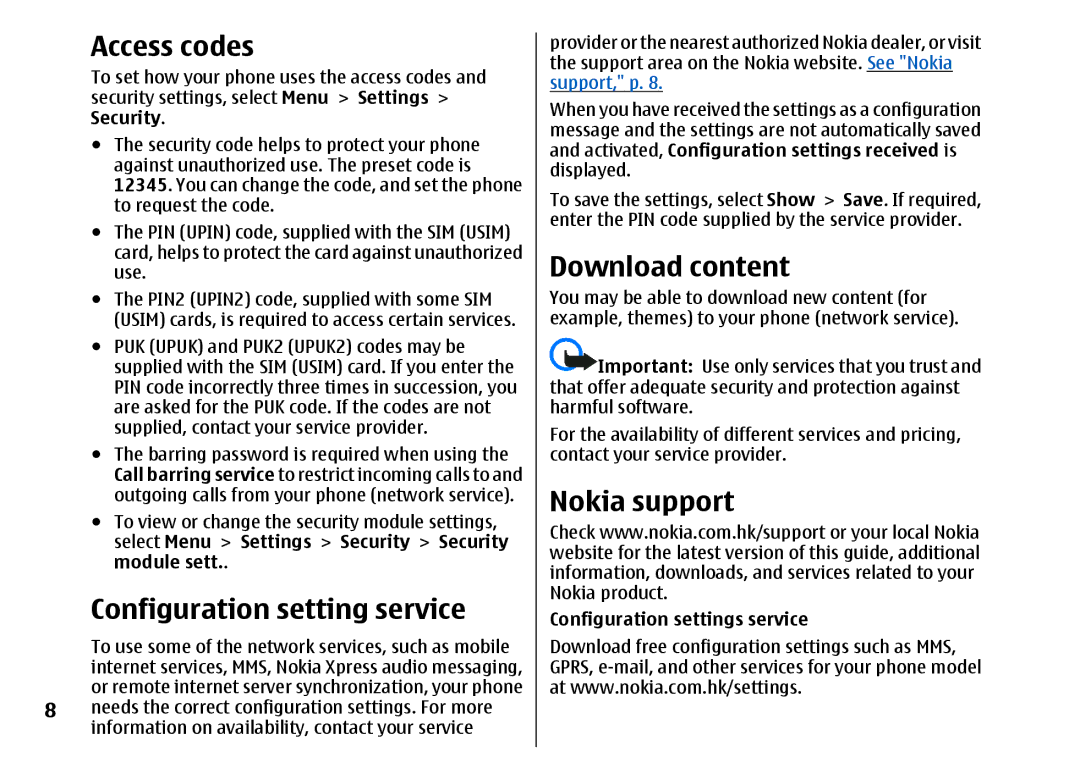 Nokia 5310 Access codes, Configuration setting service, Download content, Nokia support, Configuration settings service 