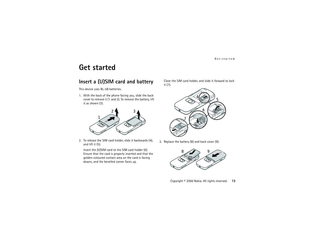 Nokia 5320 manual Get started, Insert a Usim card and battery 