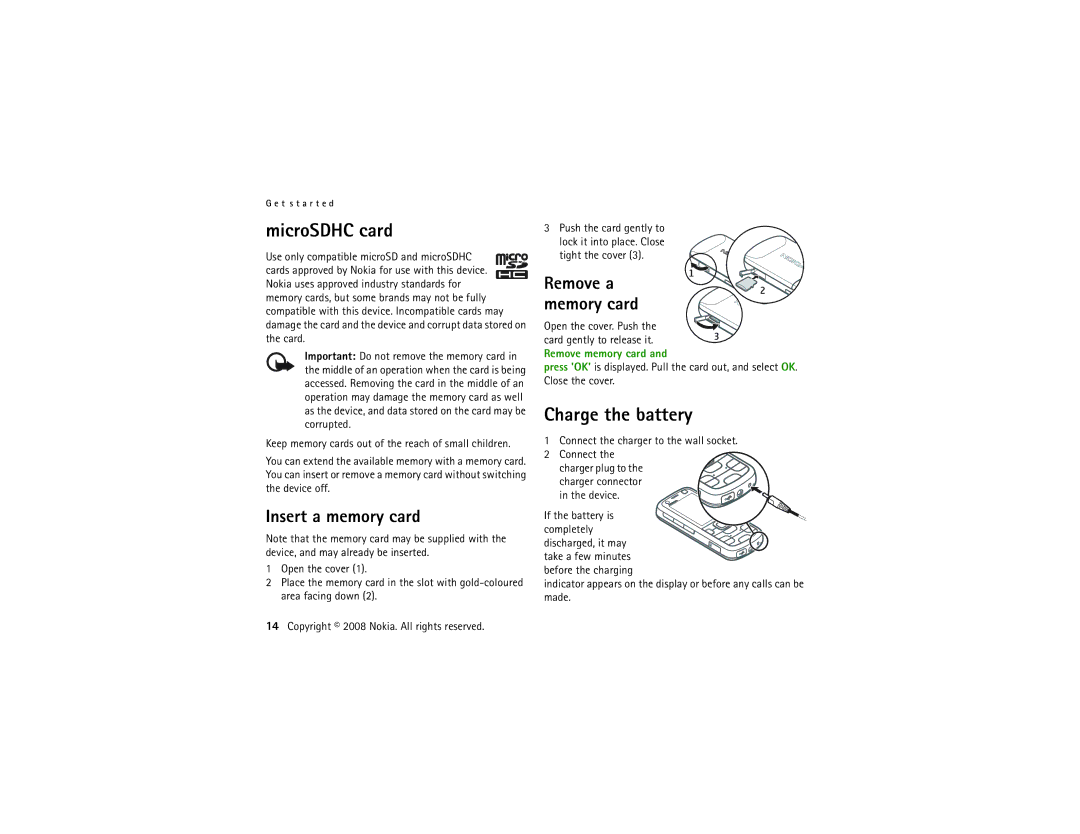 Nokia 5320 manual MicroSDHC card, Charge the battery, Insert a memory card, Remove memory card 